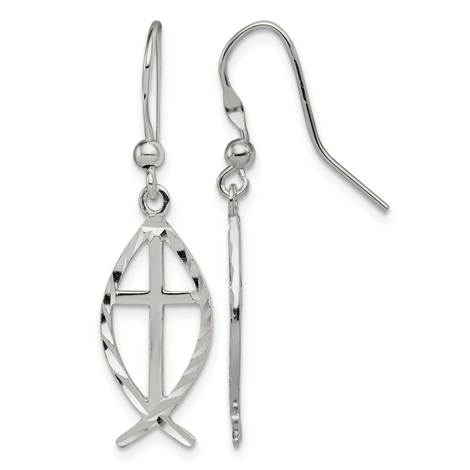 Sterling Silver Polished & D/C Cross & Ichthus Dangle Earrings
