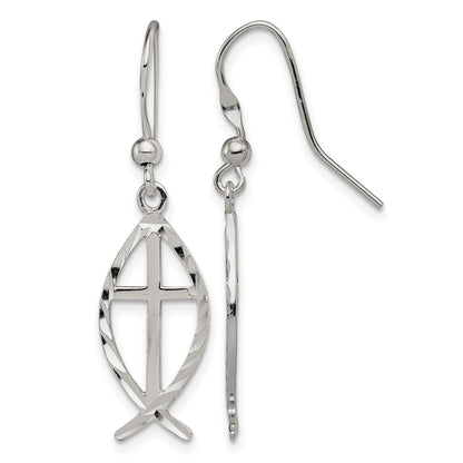 Sterling Silver Polished & D/C Cross & Ichthus Dangle Earrings