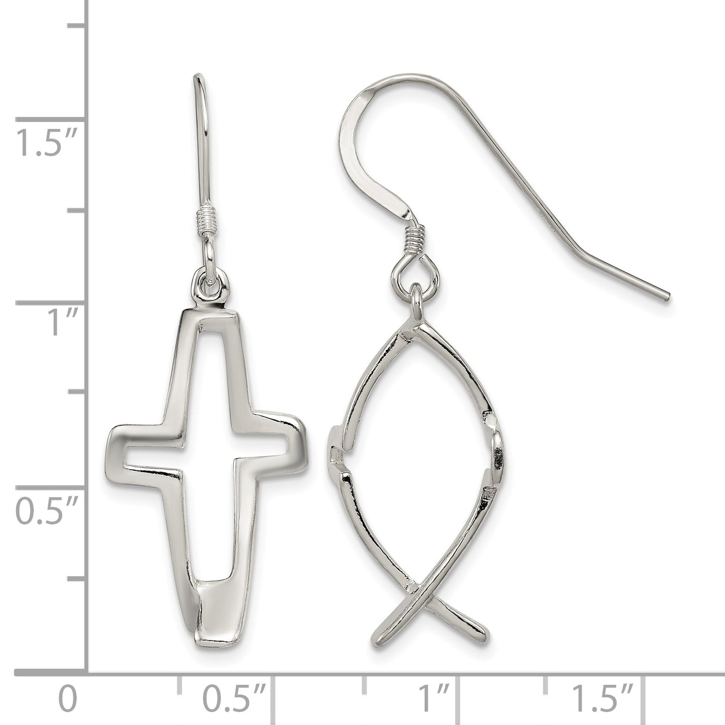 Sterling Silver Polished Cross Ichthus Dangle Earrings