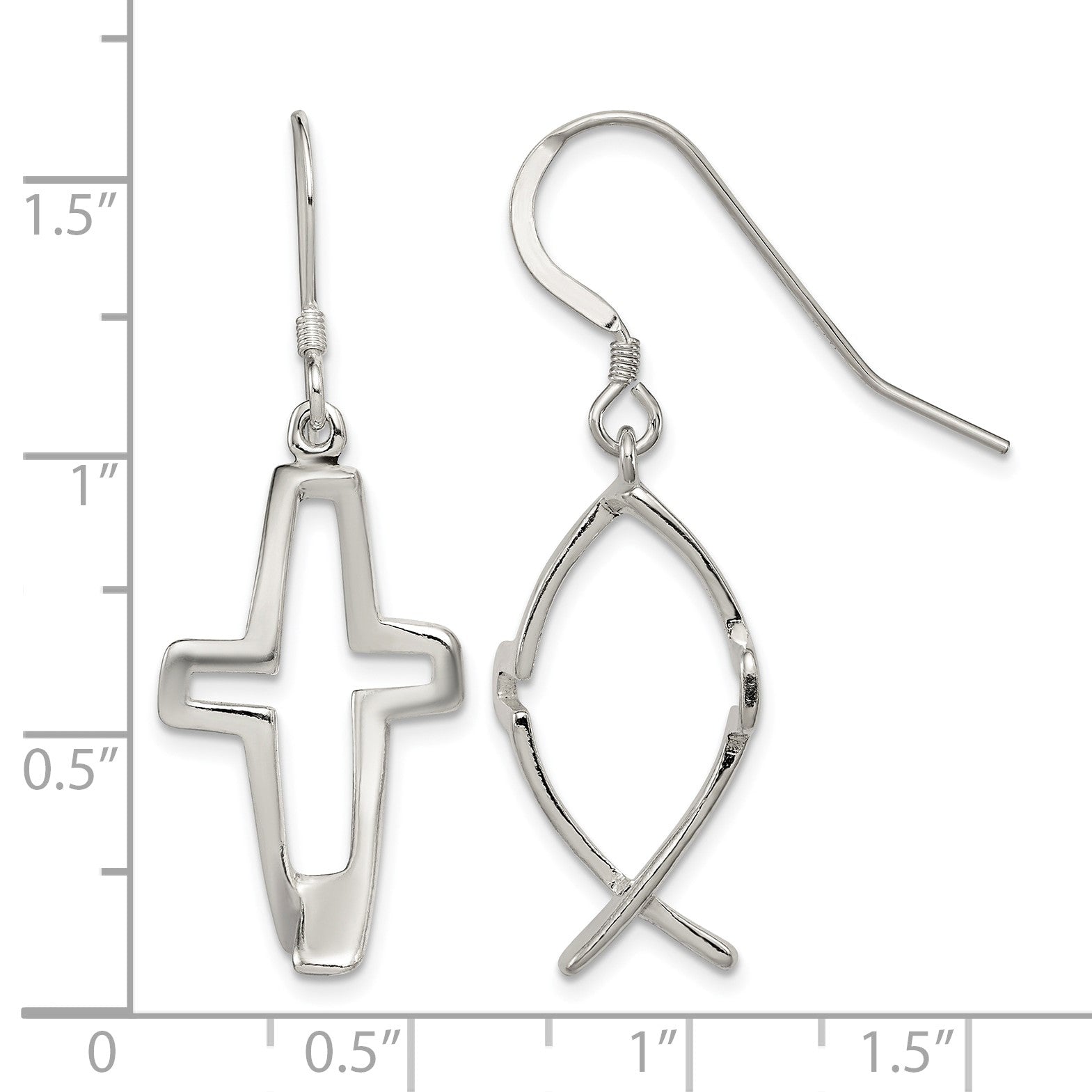Sterling Silver Polished Cross Ichthus Dangle Earrings