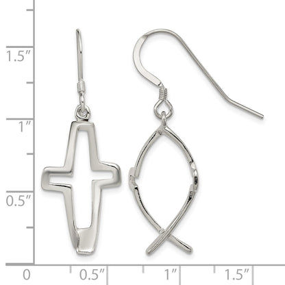 Sterling Silver Polished Cross Ichthus Dangle Earrings