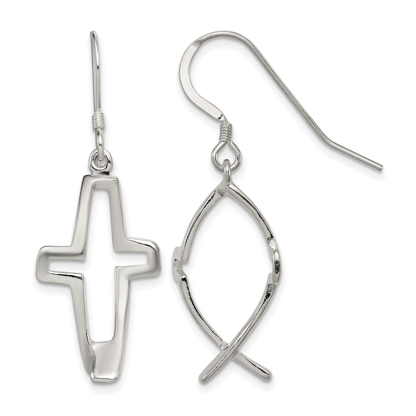 Sterling Silver Polished Cross Ichthus Dangle Earrings