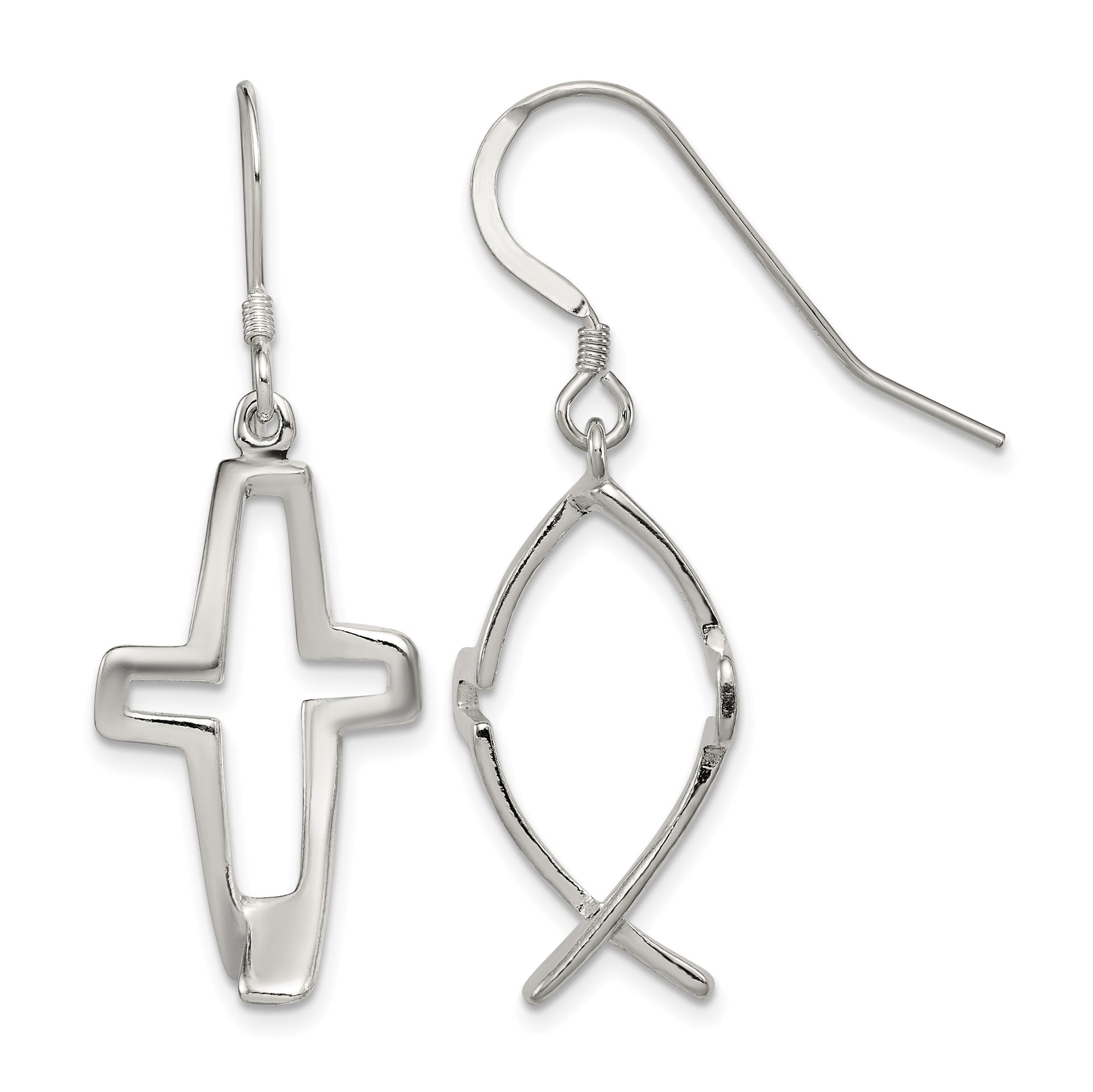 Sterling Silver Polished Cross Ichthus Dangle Earrings