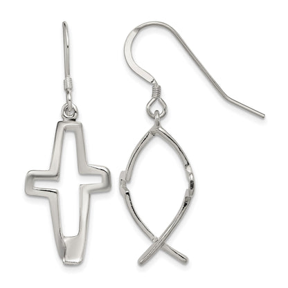 Sterling Silver Polished Cross Ichthus Dangle Earrings