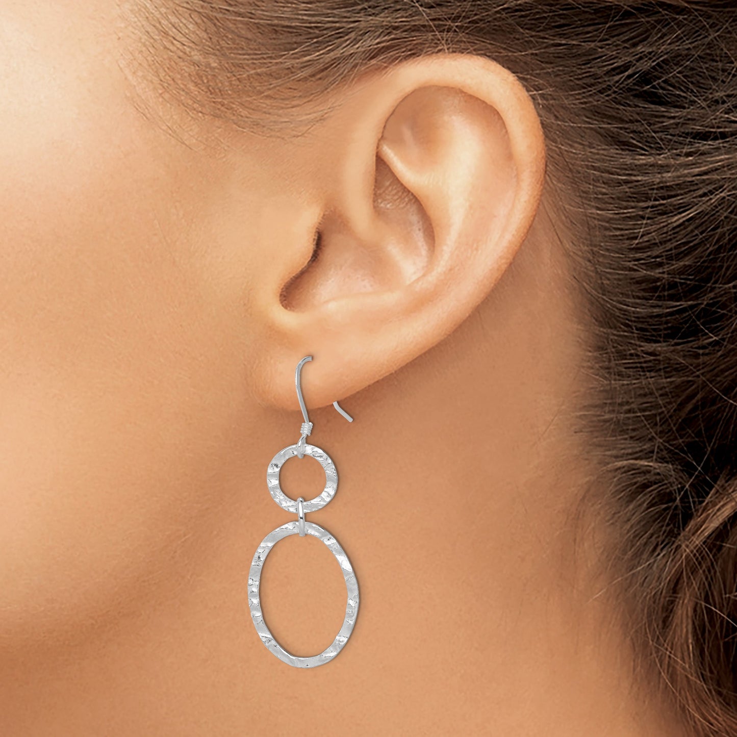 Sterling Silver RH-plated Polished & Hammered Circle & Oval Dangle Earrings
