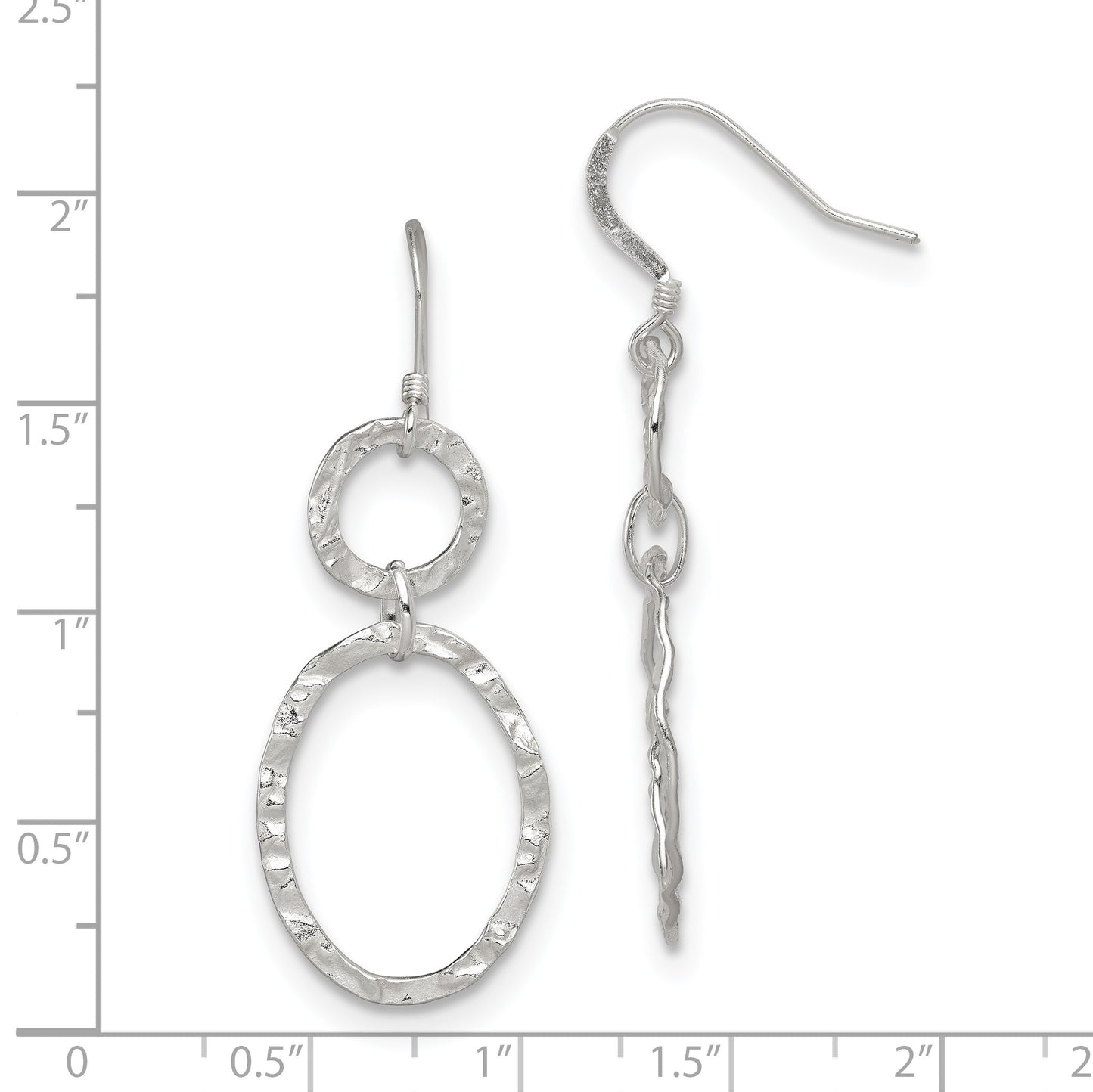 Sterling Silver RH-plated Polished & Hammered Circle & Oval Dangle Earrings