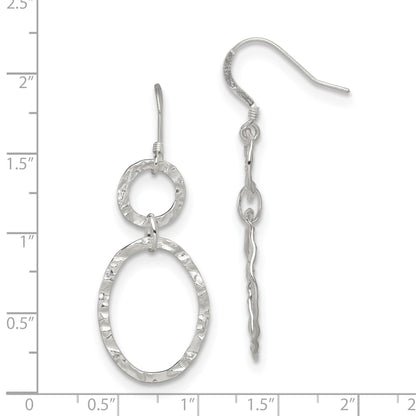 Sterling Silver RH-plated Polished & Hammered Circle & Oval Dangle Earrings