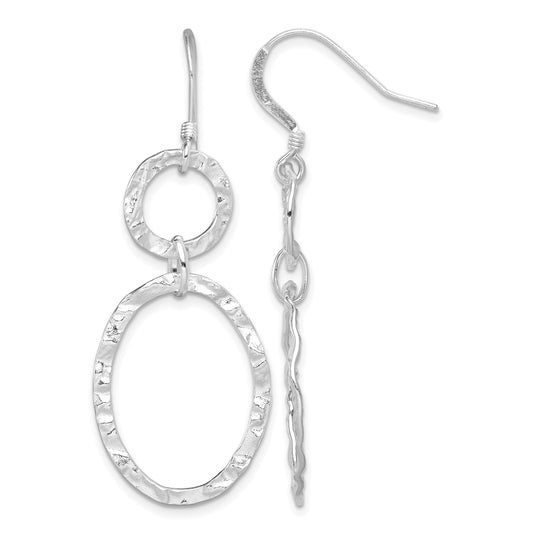 Sterling Silver RH-plated Polished & Hammered Circle & Oval Dangle Earrings