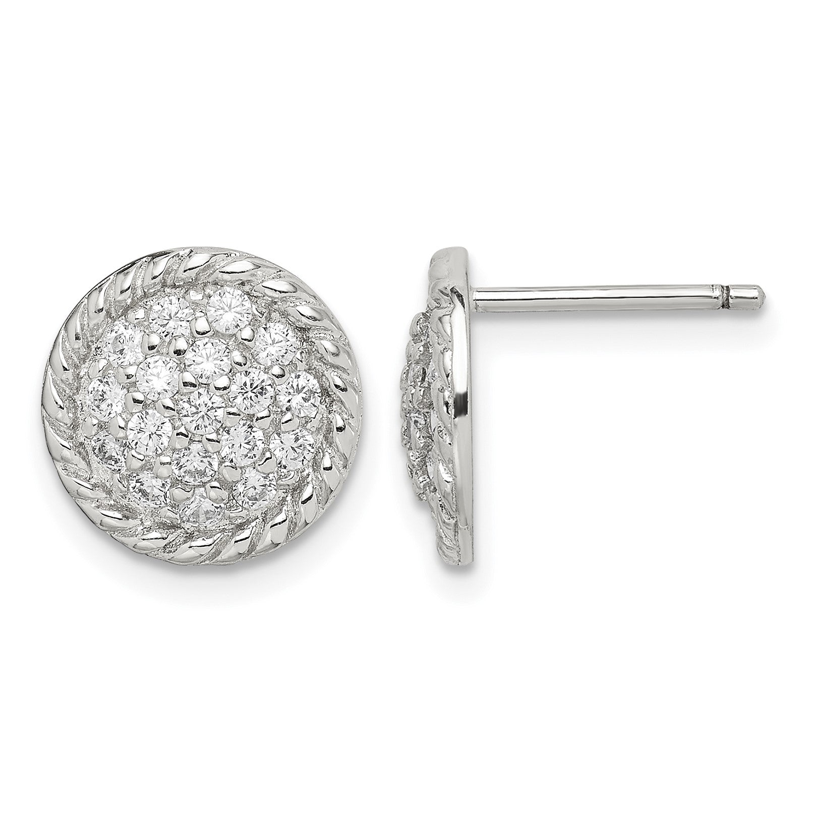 Sterling Silver Rhodium-plated Polished & Twisted CZ Circle Post Earrings