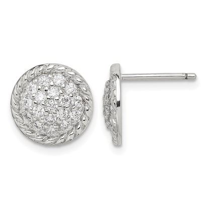 Sterling Silver Rhodium-plated Polished & Twisted CZ Circle Post Earrings