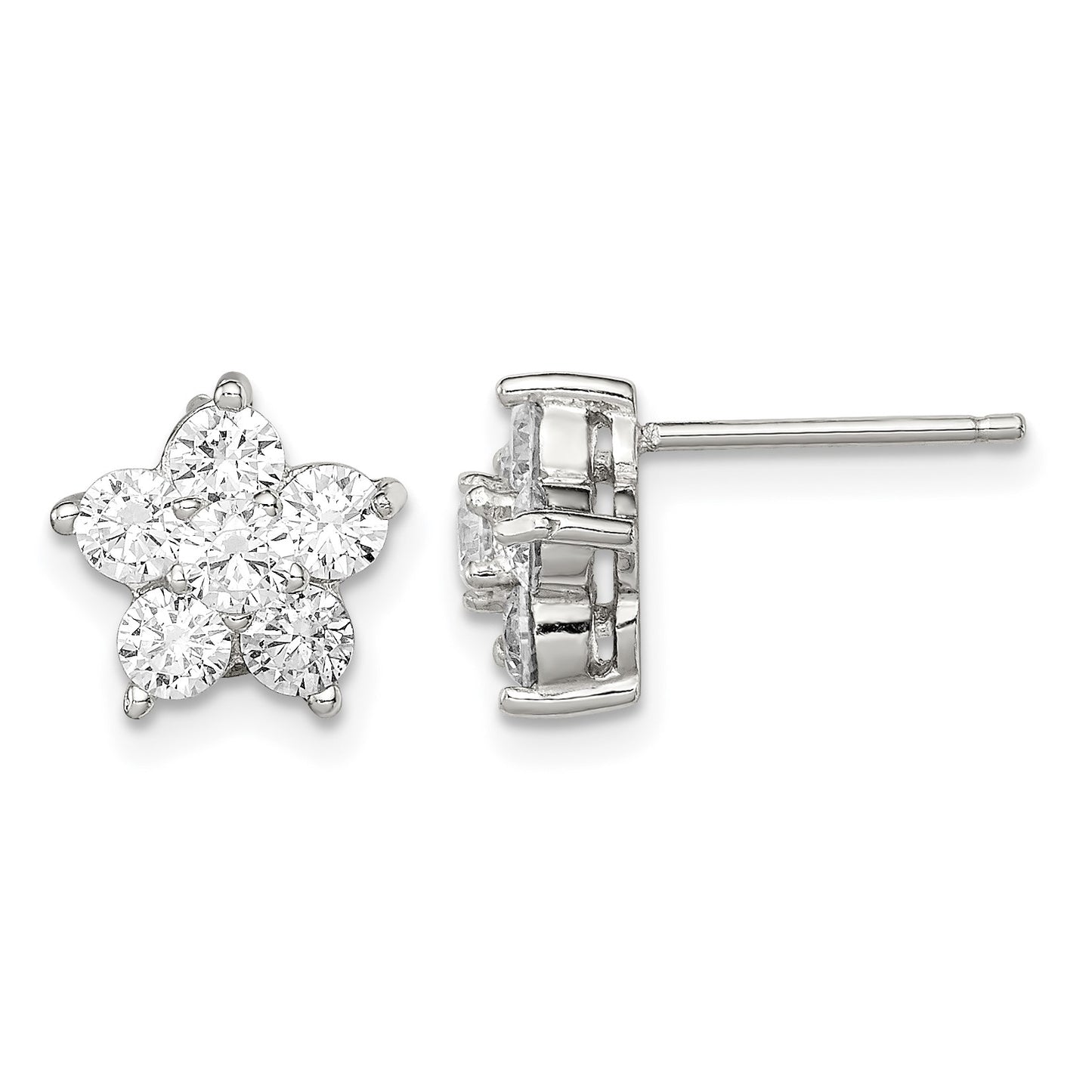 Sterling Silver Rhodium-plated CZ Flower Post Earrings