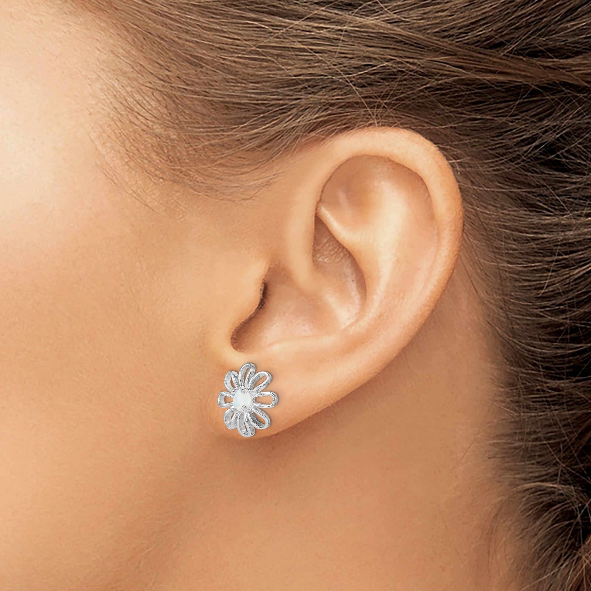 Sterling Silver Rhodium-plated Created Opal Daisy Post Earrings