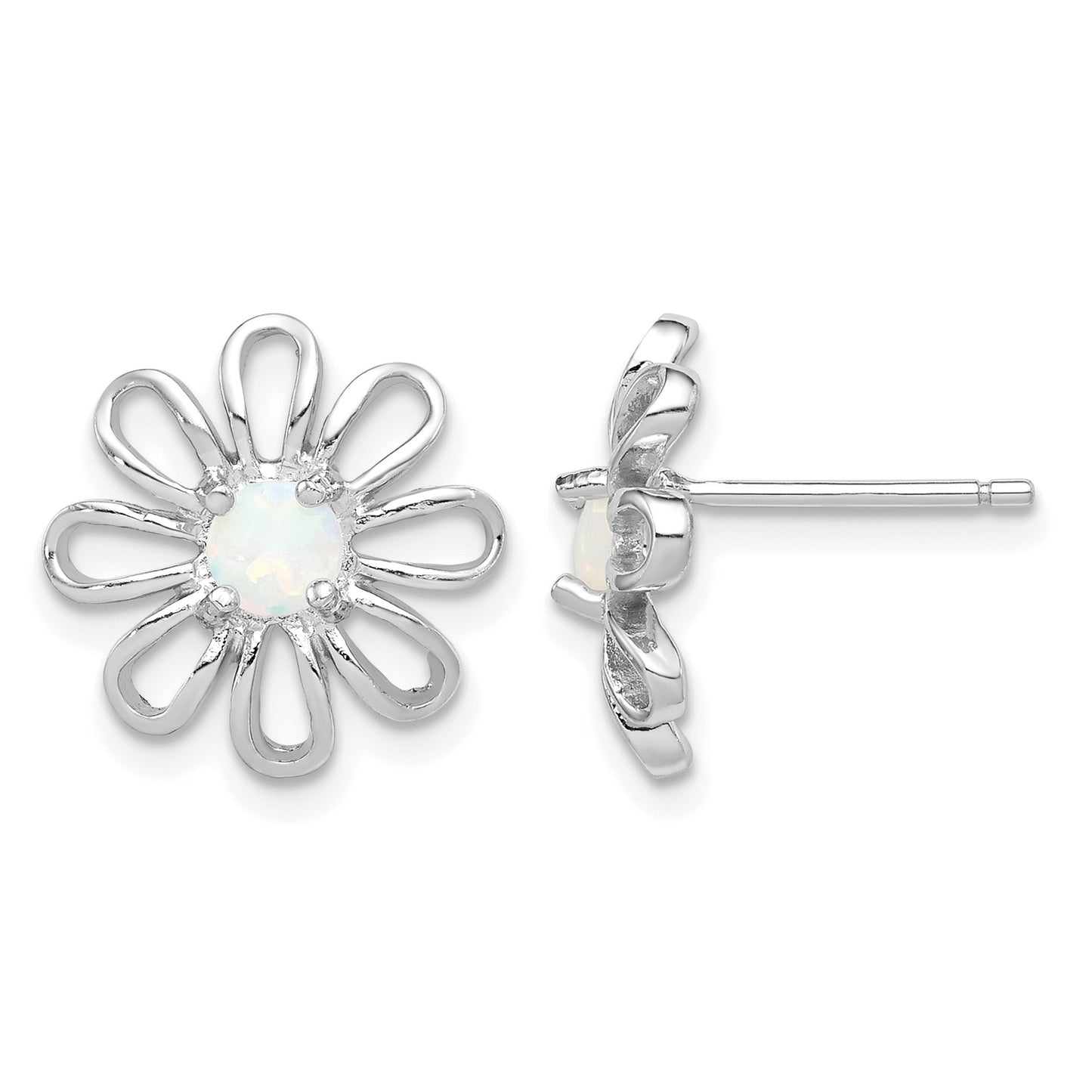 Sterling Silver Rhodium-plated Created Opal Daisy Post Earrings