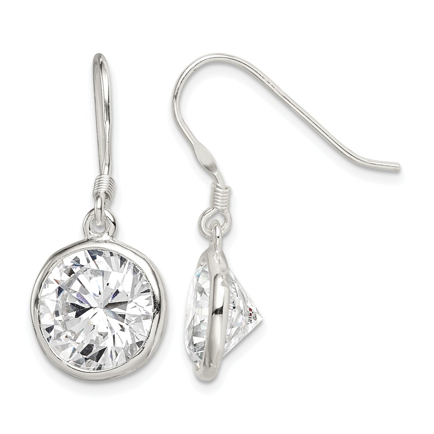 Sterling Silver Polished 11mm Round CZ Bezel Set Dangle Earrings
