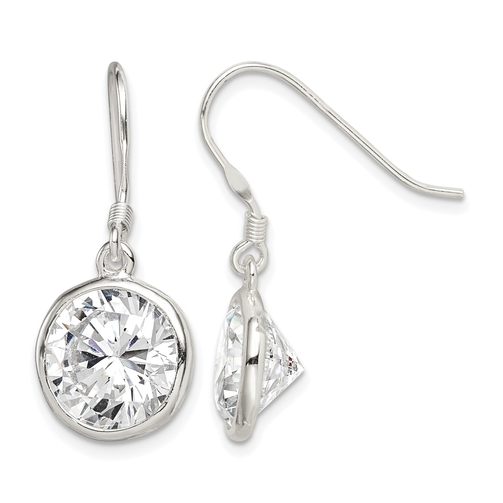 Sterling Silver Polished 11mm Round CZ Bezel Set Dangle Earrings