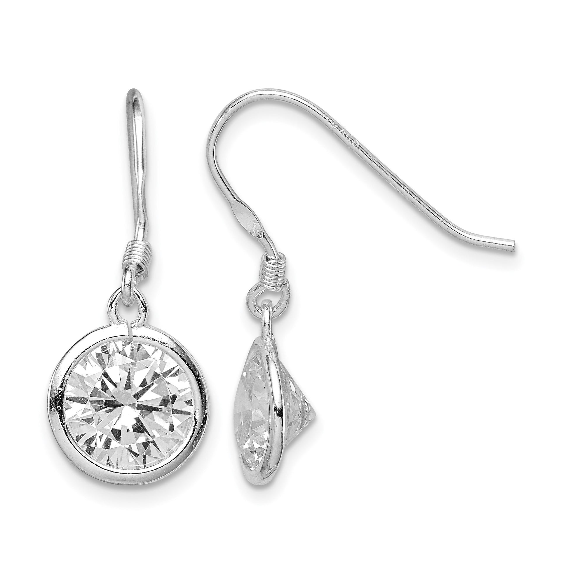 Sterling Silver Rhod-pltd 10mm Round CZ Bezel Set Dangle Earrings