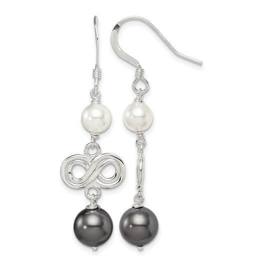 Sterling Silver Polished Grey & White Glass Pearl Infinity Dangle Earrings
