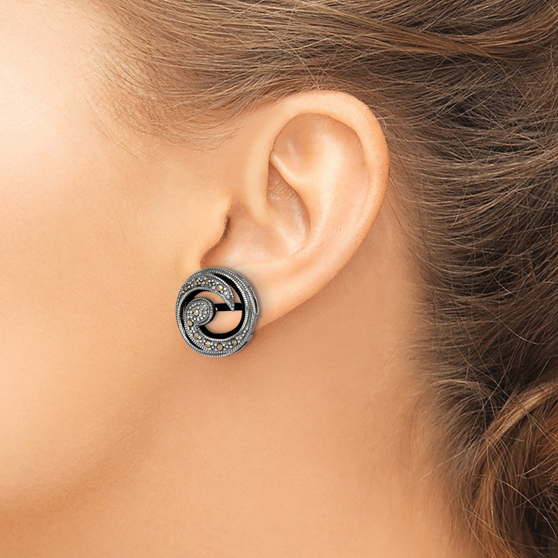 Sterling Silver Antiqued Onyx & Marcasite Round Wave Post Earrings