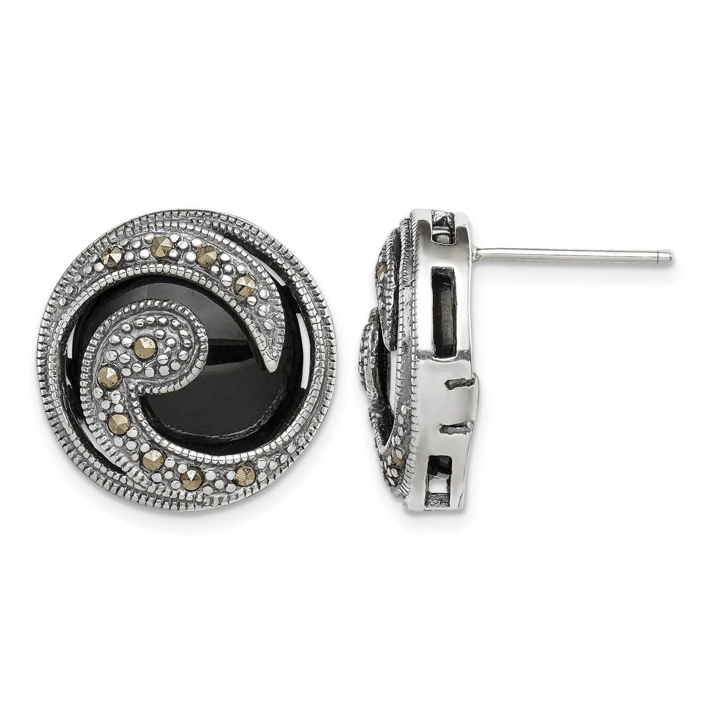 Sterling Silver Antiqued Onyx & Marcasite Round Wave Post Earrings