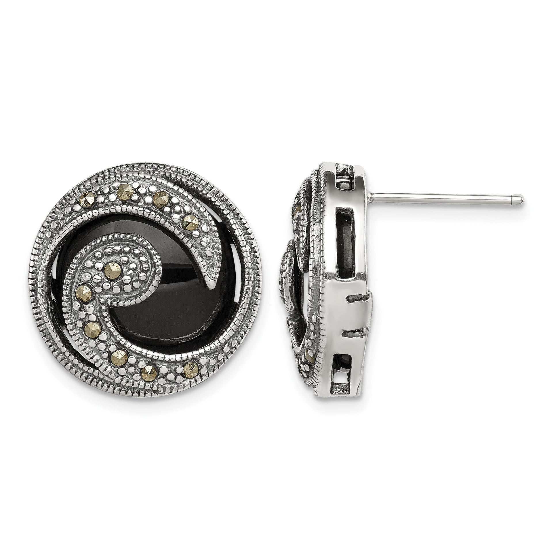 Sterling Silver Antiqued Onyx & Marcasite Round Wave Post Earrings