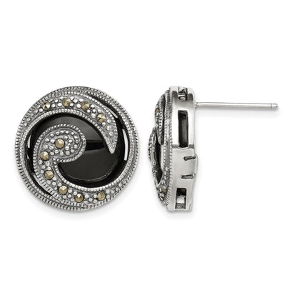 Sterling Silver Antiqued Onyx & Marcasite Round Wave Post Earrings