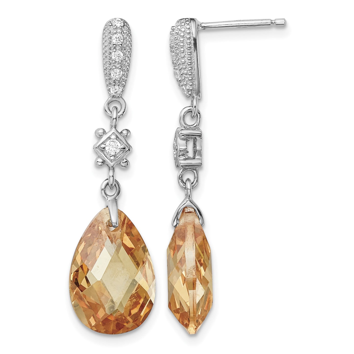 Sterling Silver Rhodium-plated Polished & Textured Champagne & White CZ Teardrop Post Dangle Earrings