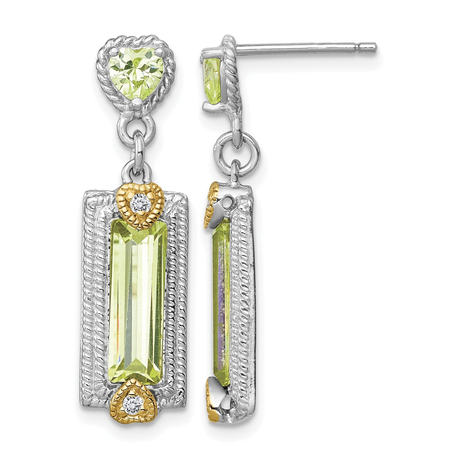 Sterling Silver w/ Gold-tone Vermeil Polished & Textured Light Green CZ Hearts Post Dangle Earrings