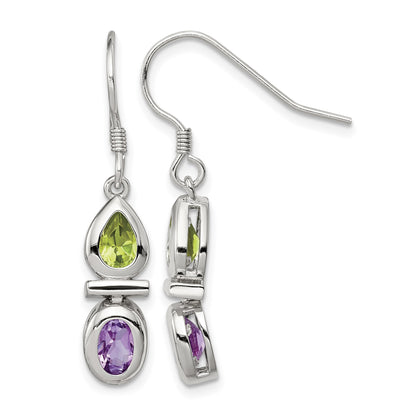 Sterling Silver Rhodium Plated Peridot and Amethyst Dangle Earrings