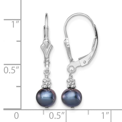 Sterling Silver Rhodium-plated 6-7mm Black Near-Round Freshwater Cultured Pearl Leverback Dangle Earrings