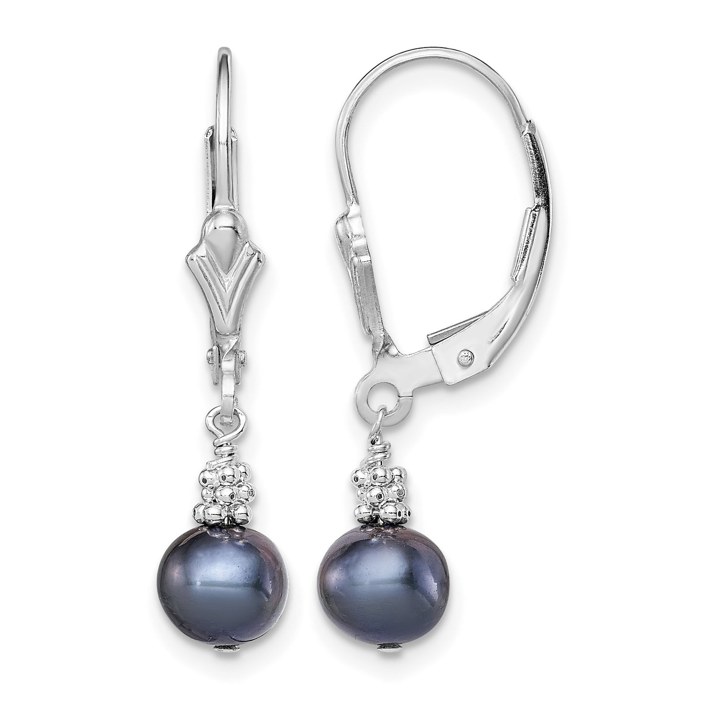 Sterling Silver Rhodium-plated 6-7mm Black Near-Round Freshwater Cultured Pearl Leverback Dangle Earrings
