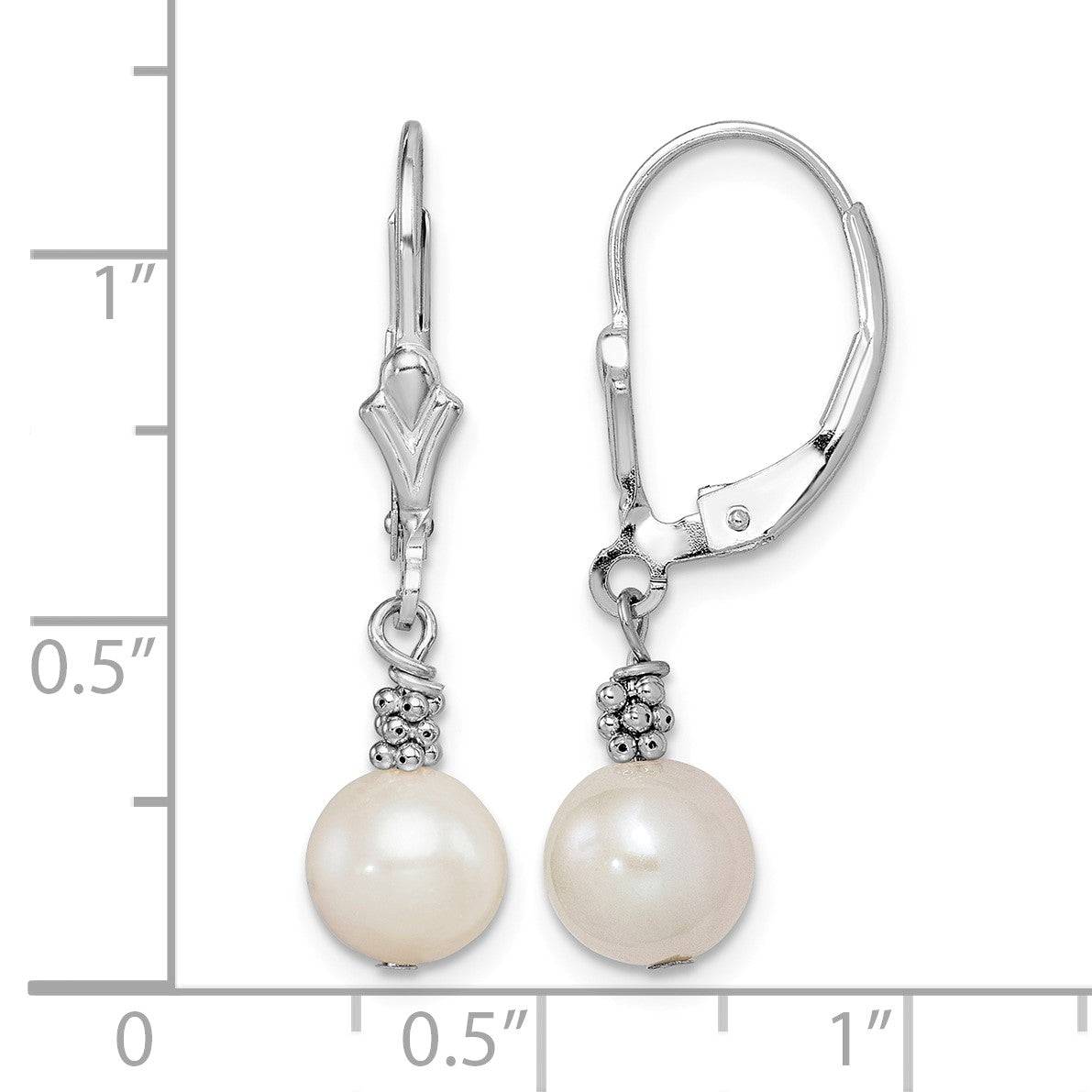 Sterling Silver Rhodium-plated Beaded 6-7mm White Near-Round Freshwater Cultured Pearl Leverback Dangle Earrings