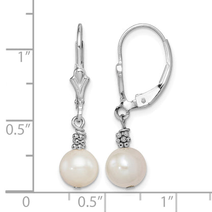 Sterling Silver Rhodium-plated Beaded 6-7mm White Near-Round Freshwater Cultured Pearl Leverback Dangle Earrings
