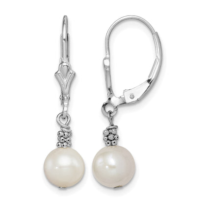 Sterling Silver Rhodium-plated Beaded 6-7mm White Near-Round Freshwater Cultured Pearl Leverback Dangle Earrings