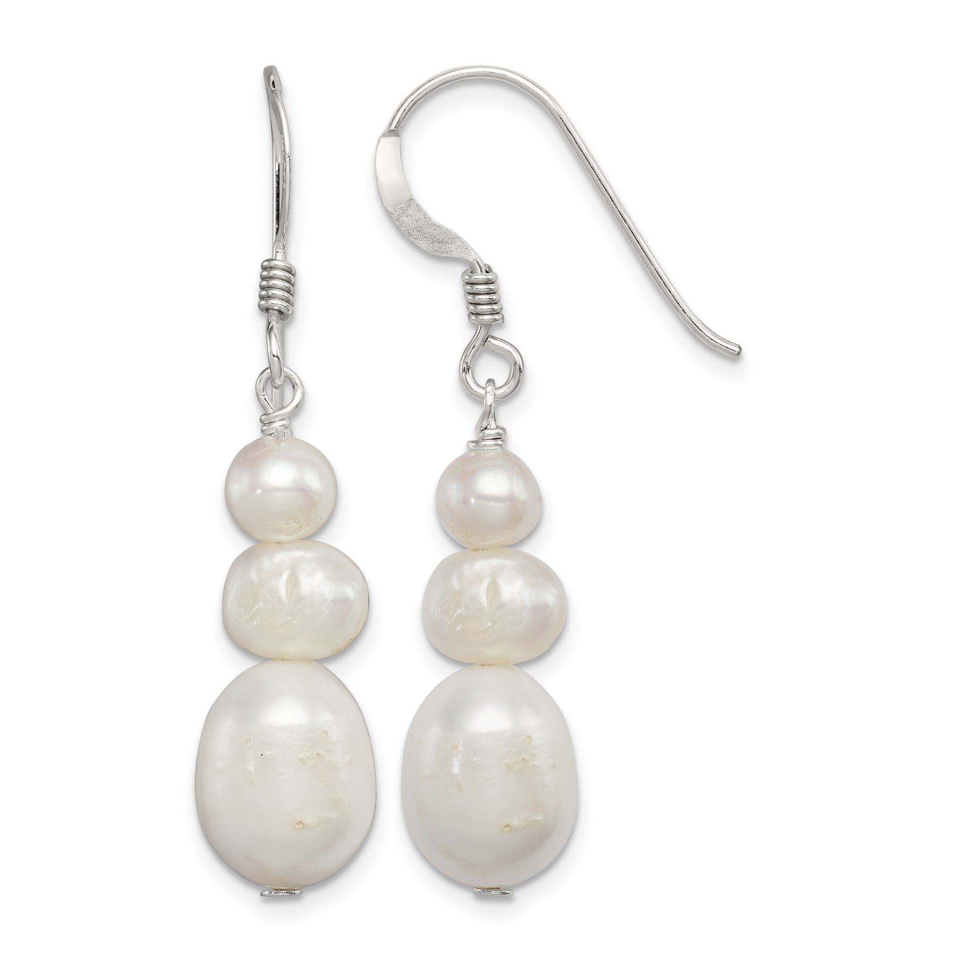 Sterling Silver Polished White 6-10mm Freshwater Cultured Pearl Dangle Earrings