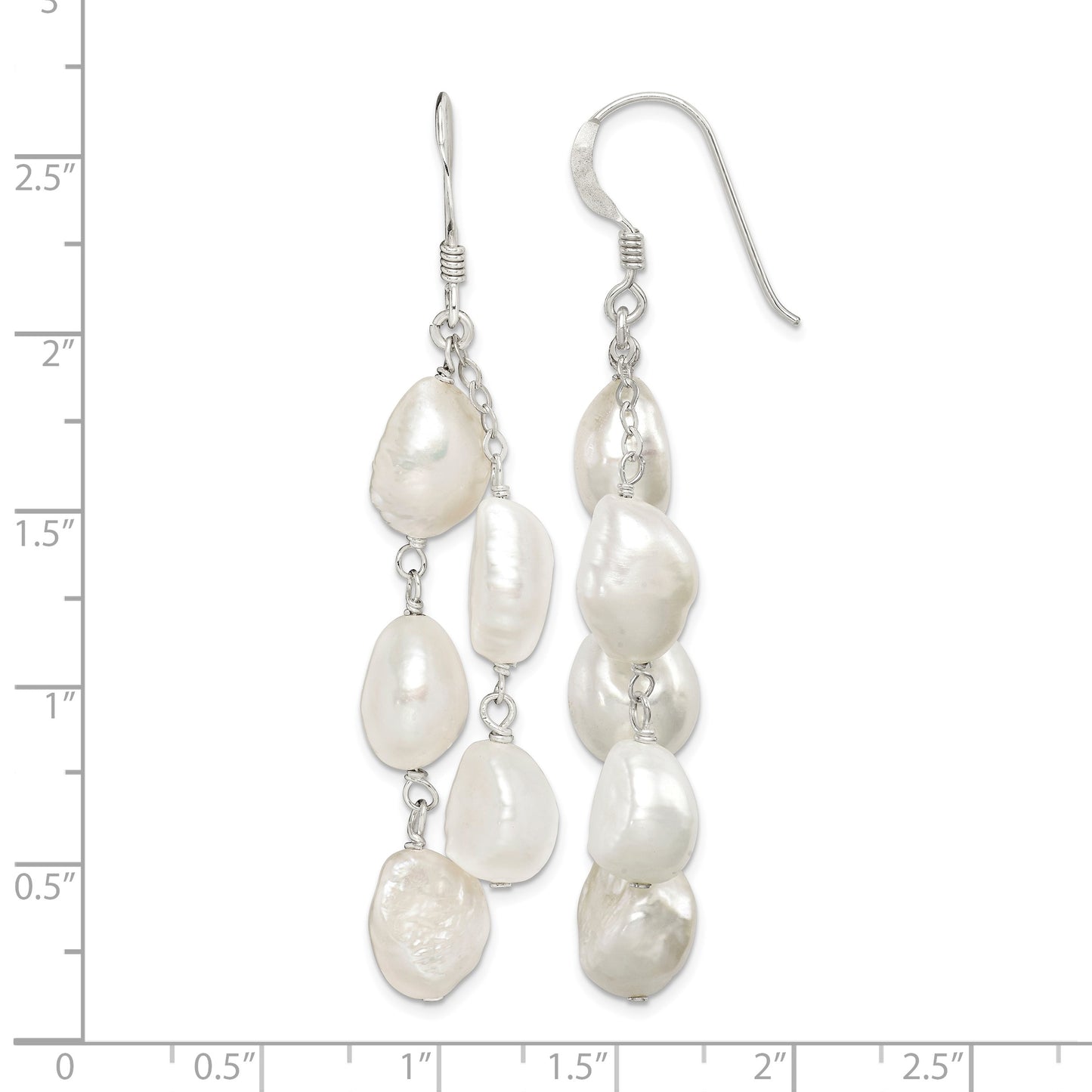 Sterling Silver Polished White 8-10mm Baroque Freshwater Cultured Pearl Two-Strand Dangle Earrings