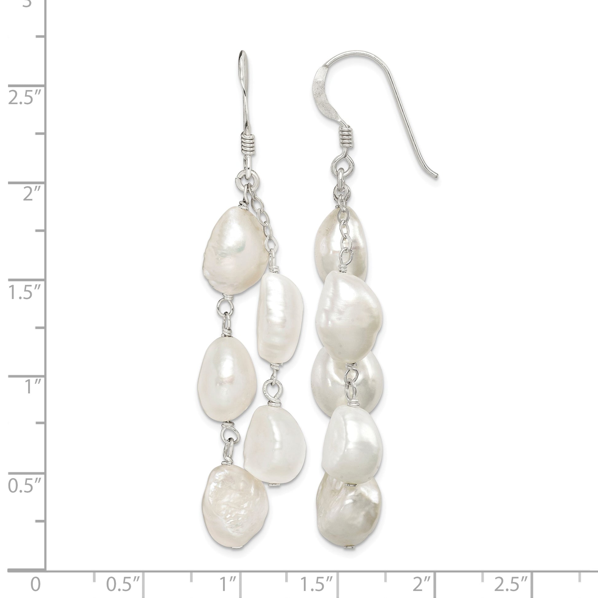 Sterling Silver Polished White 8-10mm Baroque Freshwater Cultured Pearl Two-Strand Dangle Earrings