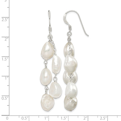 Sterling Silver Polished White 8-10mm Baroque Freshwater Cultured Pearl Two-Strand Dangle Earrings
