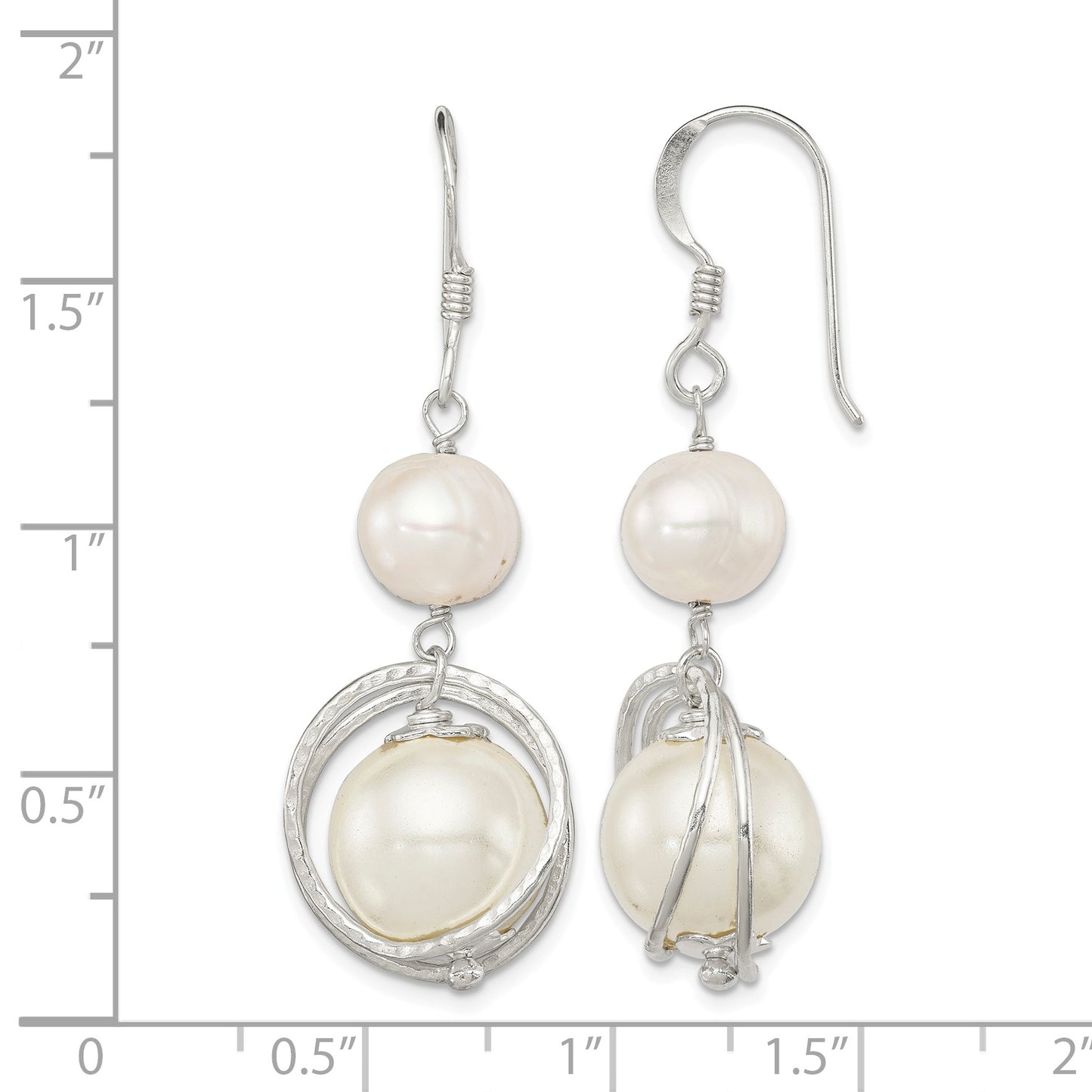 Sterling Silver Polished & Textured White 8-9mm Freshwater Cultured Pearl & 11-12mm Shell Pearl Dangle Earrings