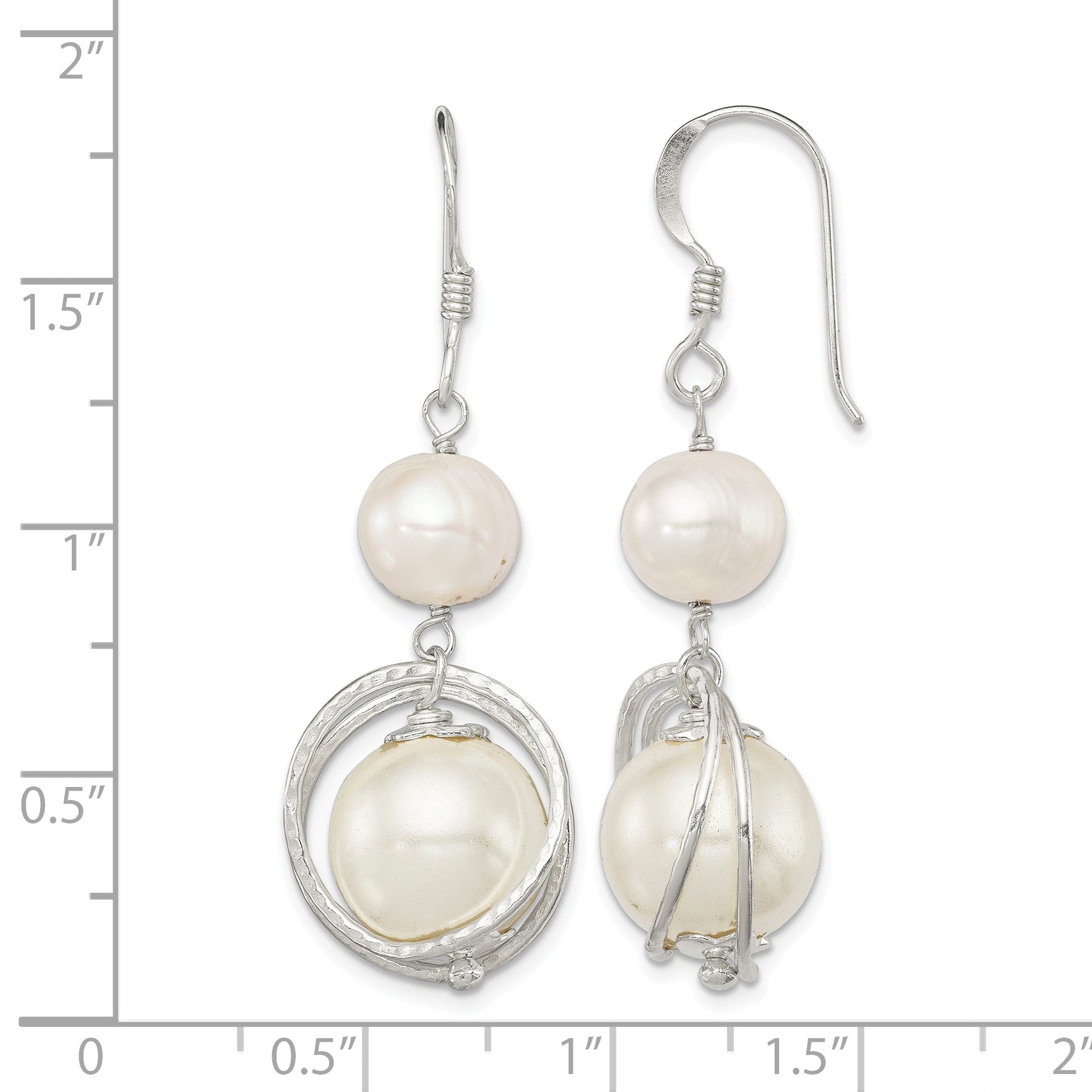 Sterling Silver Polished & Textured White 8-9mm Freshwater Cultured Pearl & 11-12mm Shell Pearl Dangle Earrings