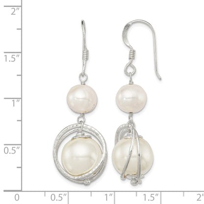 Sterling Silver Polished & Textured White 8-9mm Freshwater Cultured Pearl & 11-12mm Shell Pearl Dangle Earrings