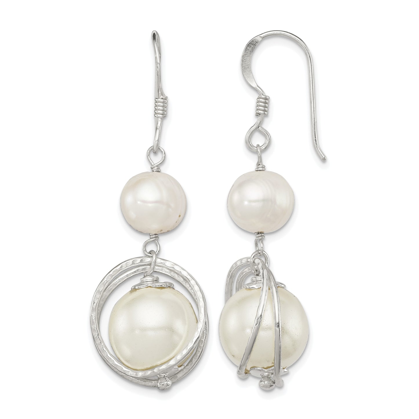 Sterling Silver Polished & Textured White 8-9mm Freshwater Cultured Pearl & 11-12mm Shell Pearl Dangle Earrings