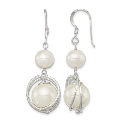 Sterling Silver Polished & Textured White 8-9mm Freshwater Cultured Pearl & 11-12mm Shell Pearl Dangle Earrings