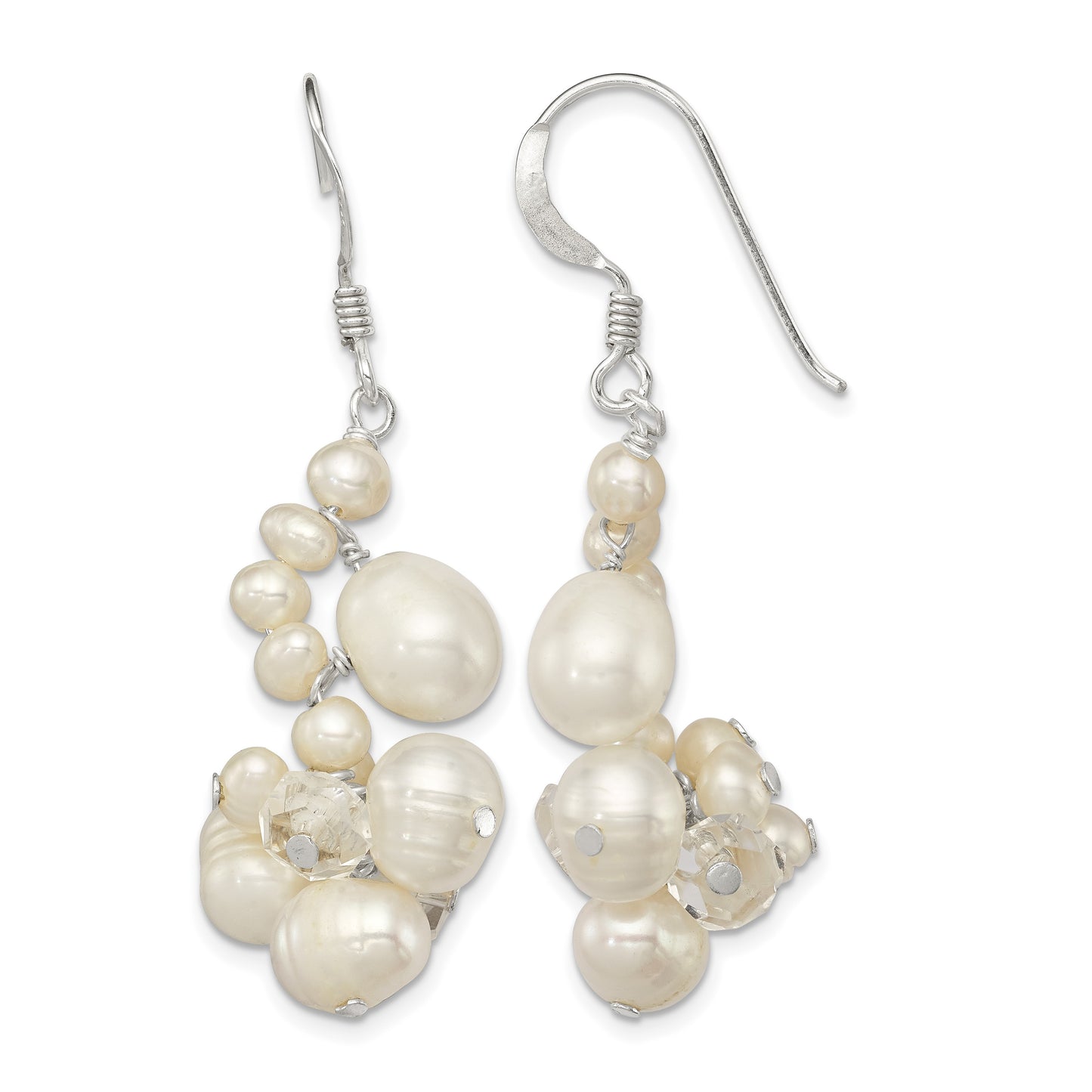 Sterling Silver Polished White Freshwater Cultured Pearl & Crystal Cluster Dangle Earrings