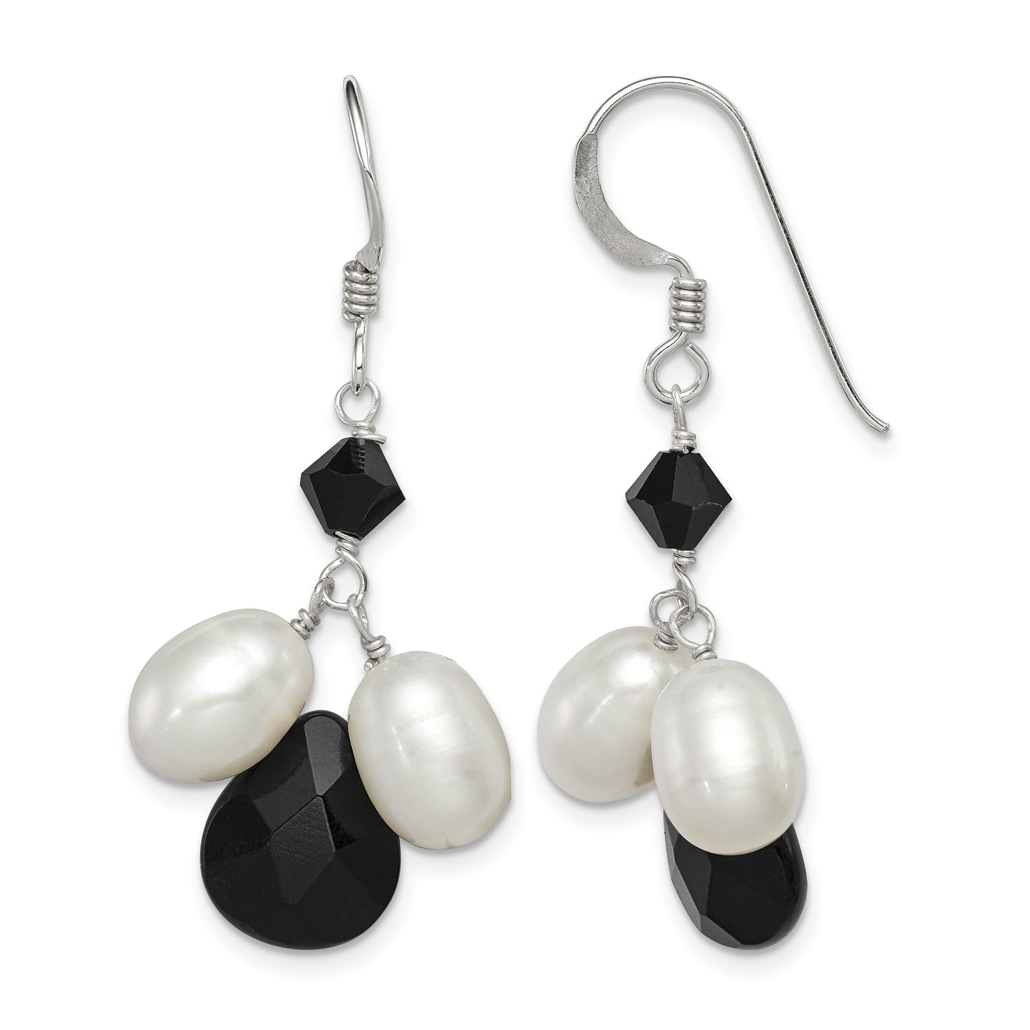 Sterling Silver Polished FWC Pearl / Black Crystal / Onyx Dangle Earrings