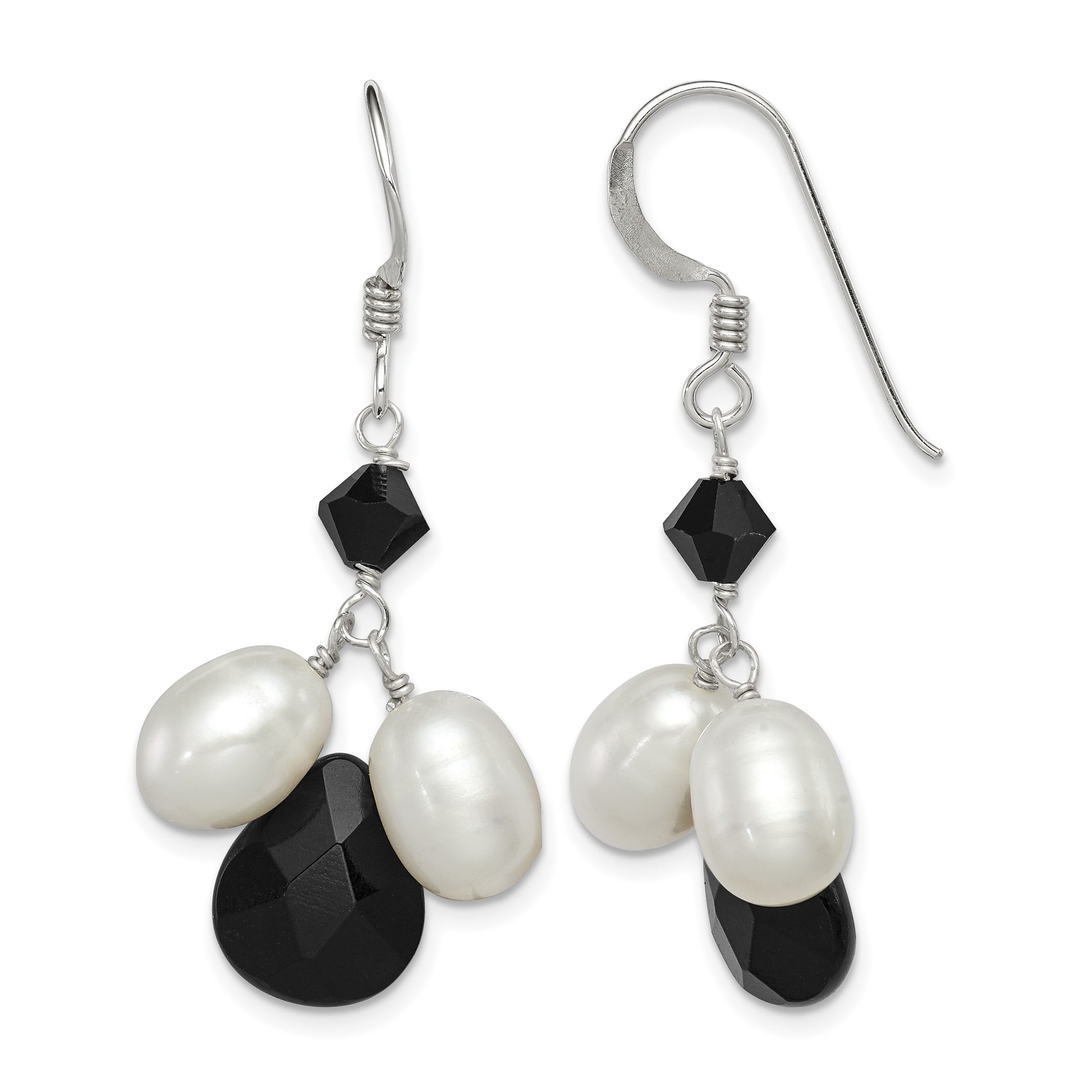 Sterling Silver Polished FWC Pearl / Black Crystal / Onyx Dangle Earrings