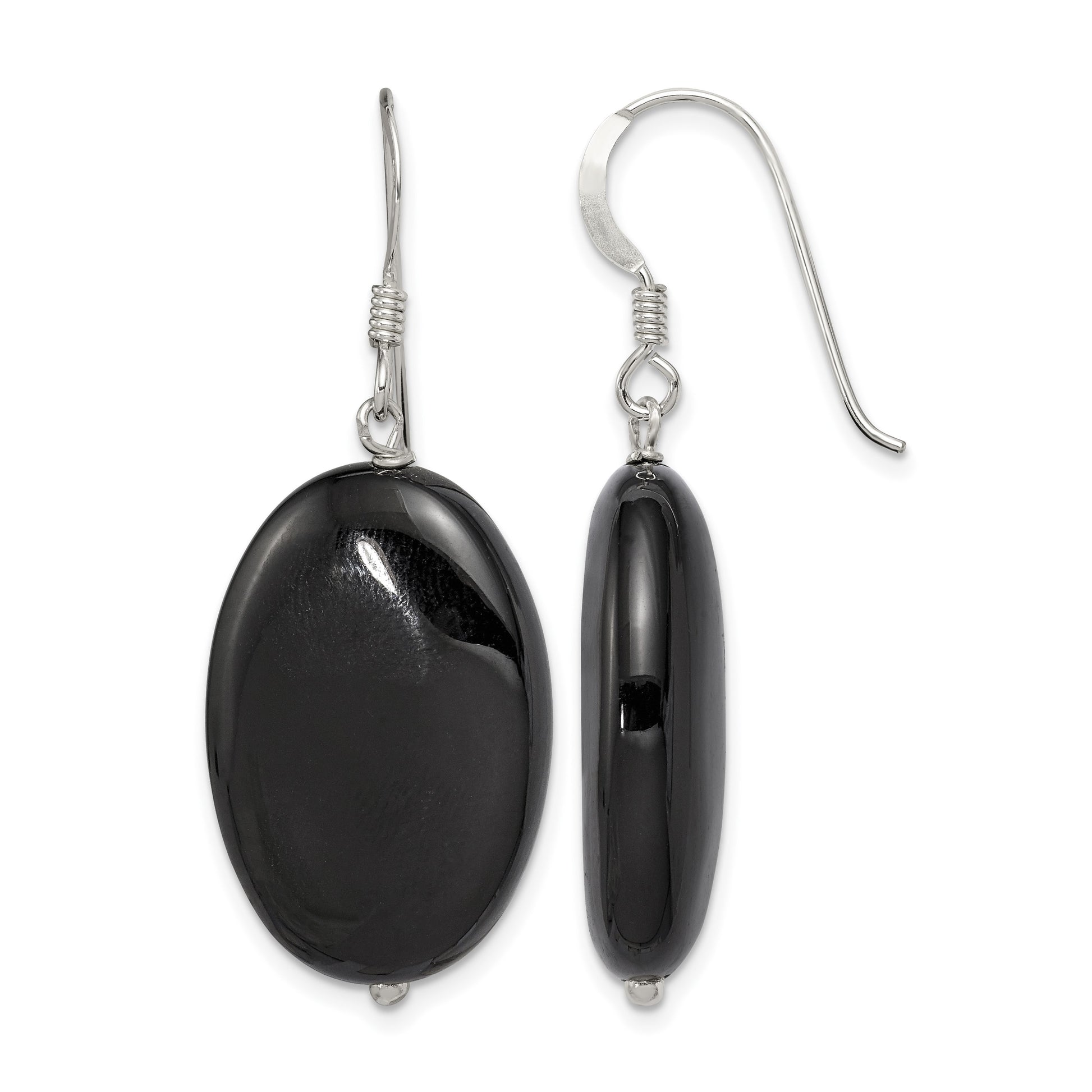 Sterling Silver Polished Black Agate Oval Dangle Earrings