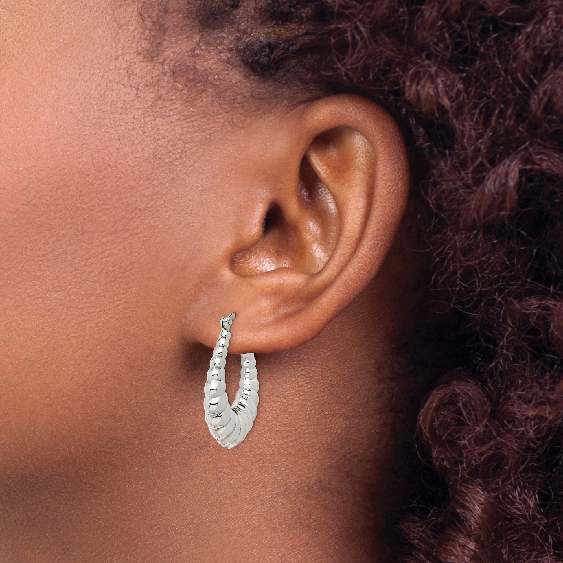 Sterling Silver Rhodium-plated Polished Shrimp Oval Hoop Earrings