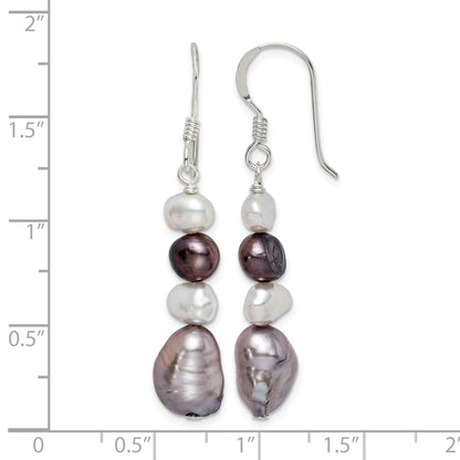 Sterling Silver Polished Black, White and Grey 6-9mm Freshwater Cultured Pearl Dangle Earrings