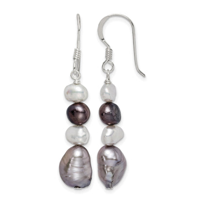 Sterling Silver Polished Black, White and Grey 6-9mm Freshwater Cultured Pearl Dangle Earrings