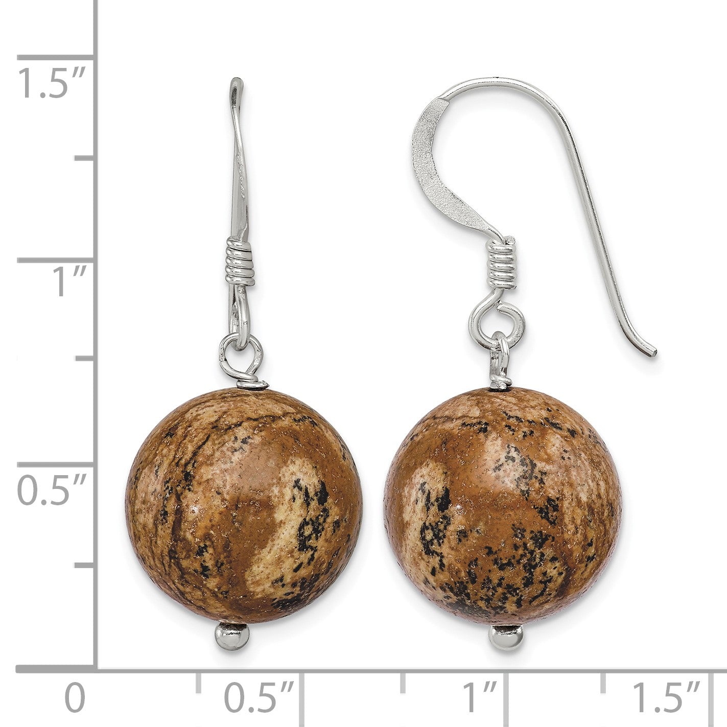Sterling Silver Polished 14mm Round Picture Jasper Dangle Earrings